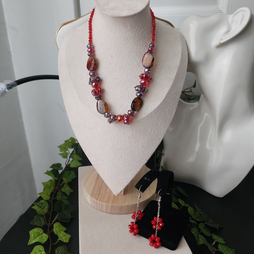 Handcrafted Red and AB Glass Beads Necklace and Earrings Set